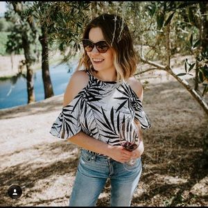 Palm leaf print off the shoulder top